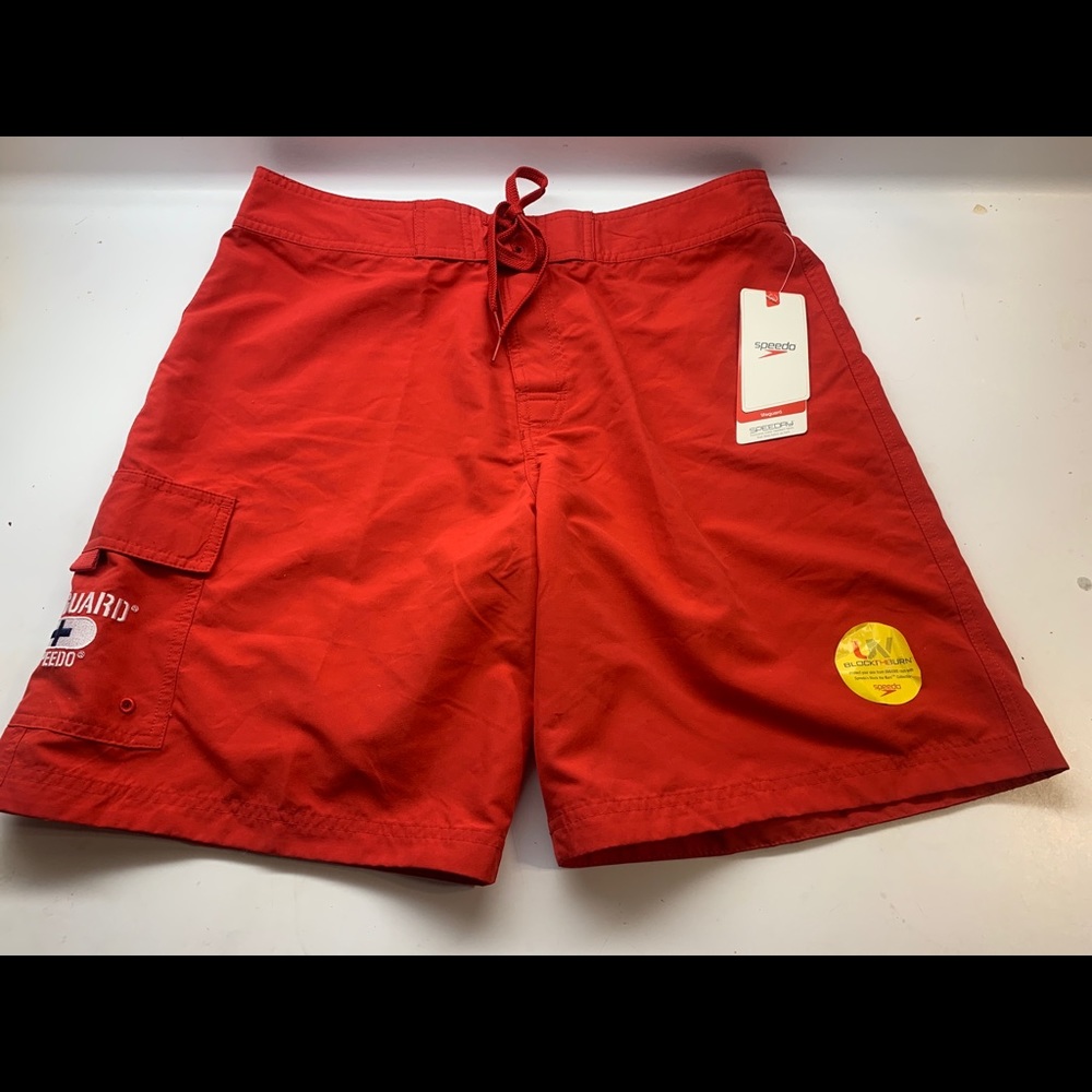 Speedo Mens Red Life Guard Embroidered Knee Length Board Shorts Swim Trunks 34